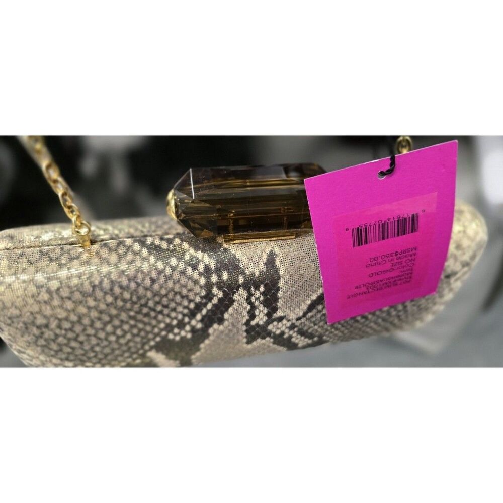 Judith Leiber Gold Snake Print Rectangle Clutch w/ Gold Chain Shoulder Strap
